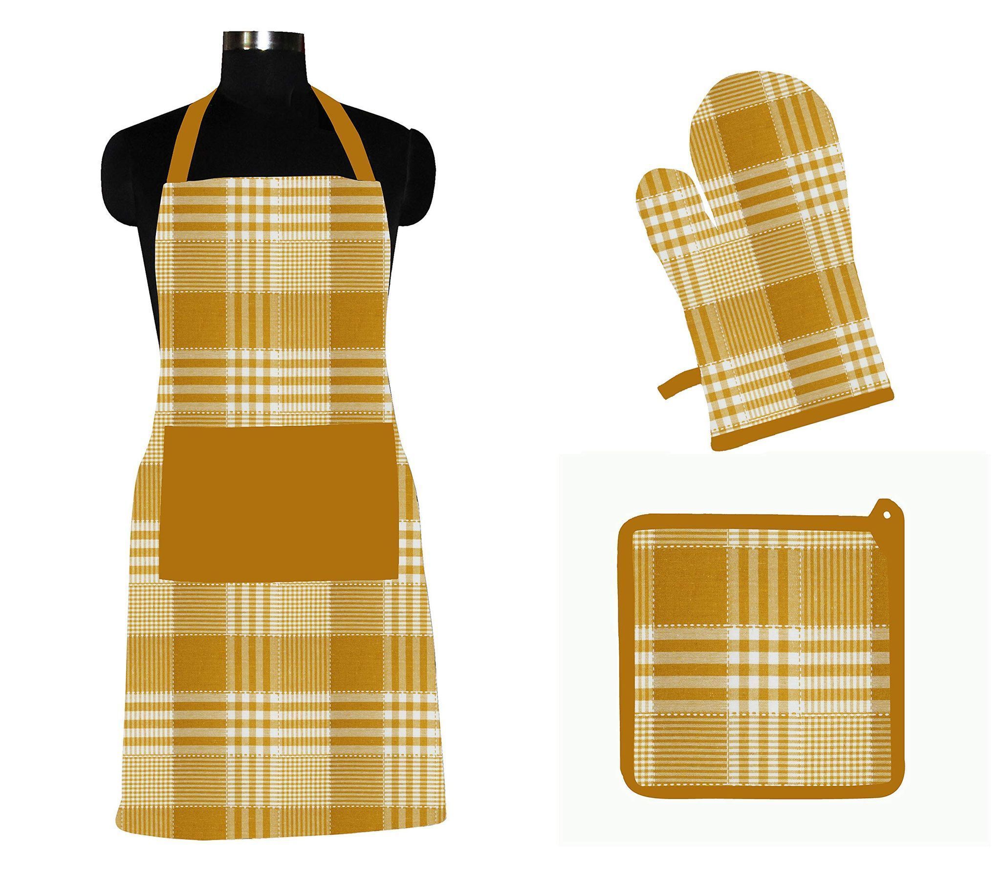 AIRWILL ? Cotton Designer Pattern with High-Quality Heat Resistant Kitchen Linen Set (1 Apron, 1 Oven Mitt, 1 Pot Holder) (Yellow)