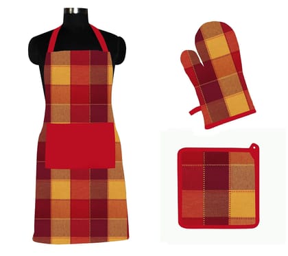 AIRWILL ? Cotton Designer Pattern with High-Quality Heat Resistant Kitchen Linen Set (1 Apron, 1 Oven Mitt, 1 Pot Holder) (Red, Orange)