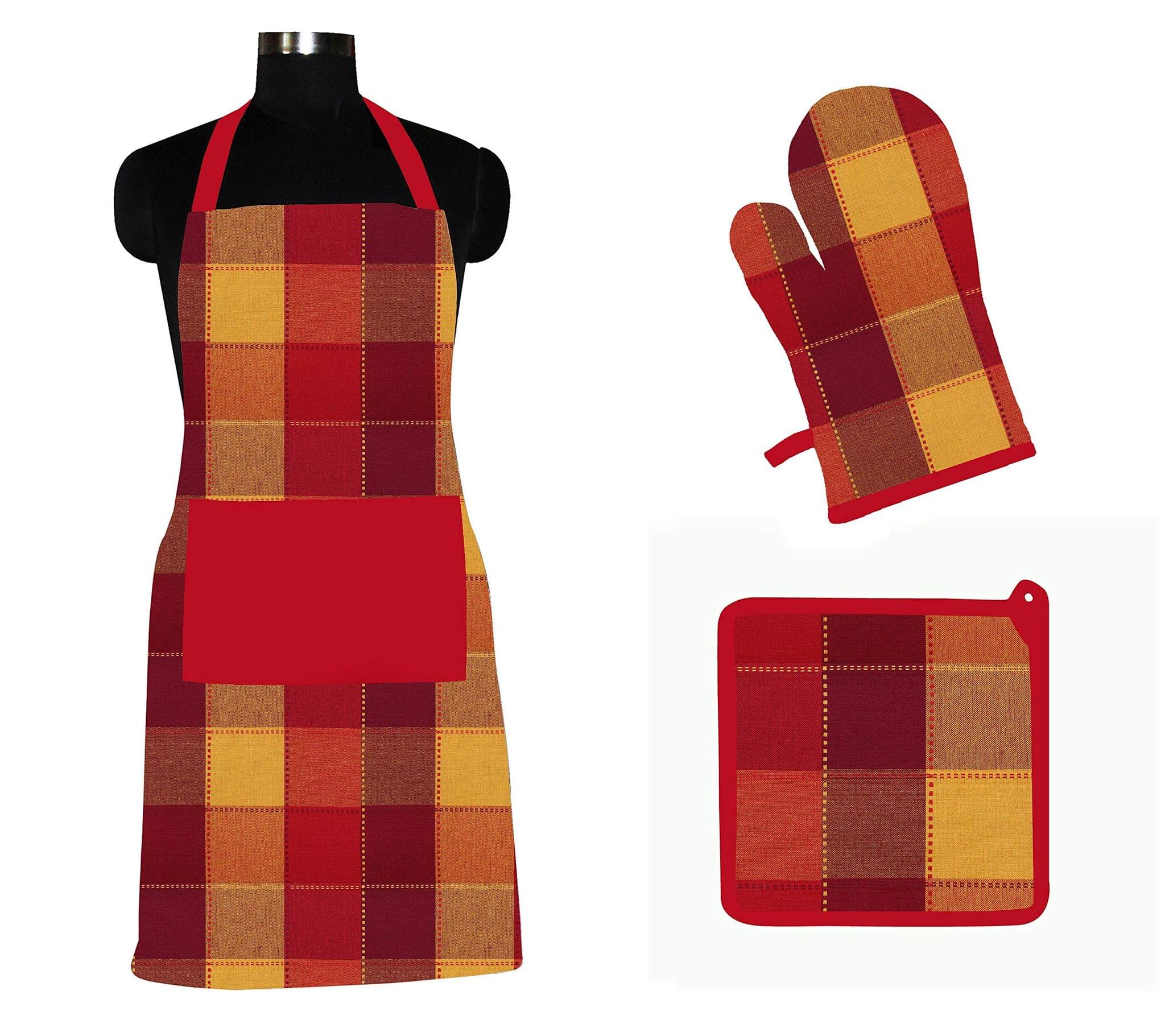 AIRWILL ? Cotton Designer Pattern with High-Quality Heat Resistant Kitchen Linen Set (1 Apron, 1 Oven Mitt, 1 Pot Holder) (Red, Orange)