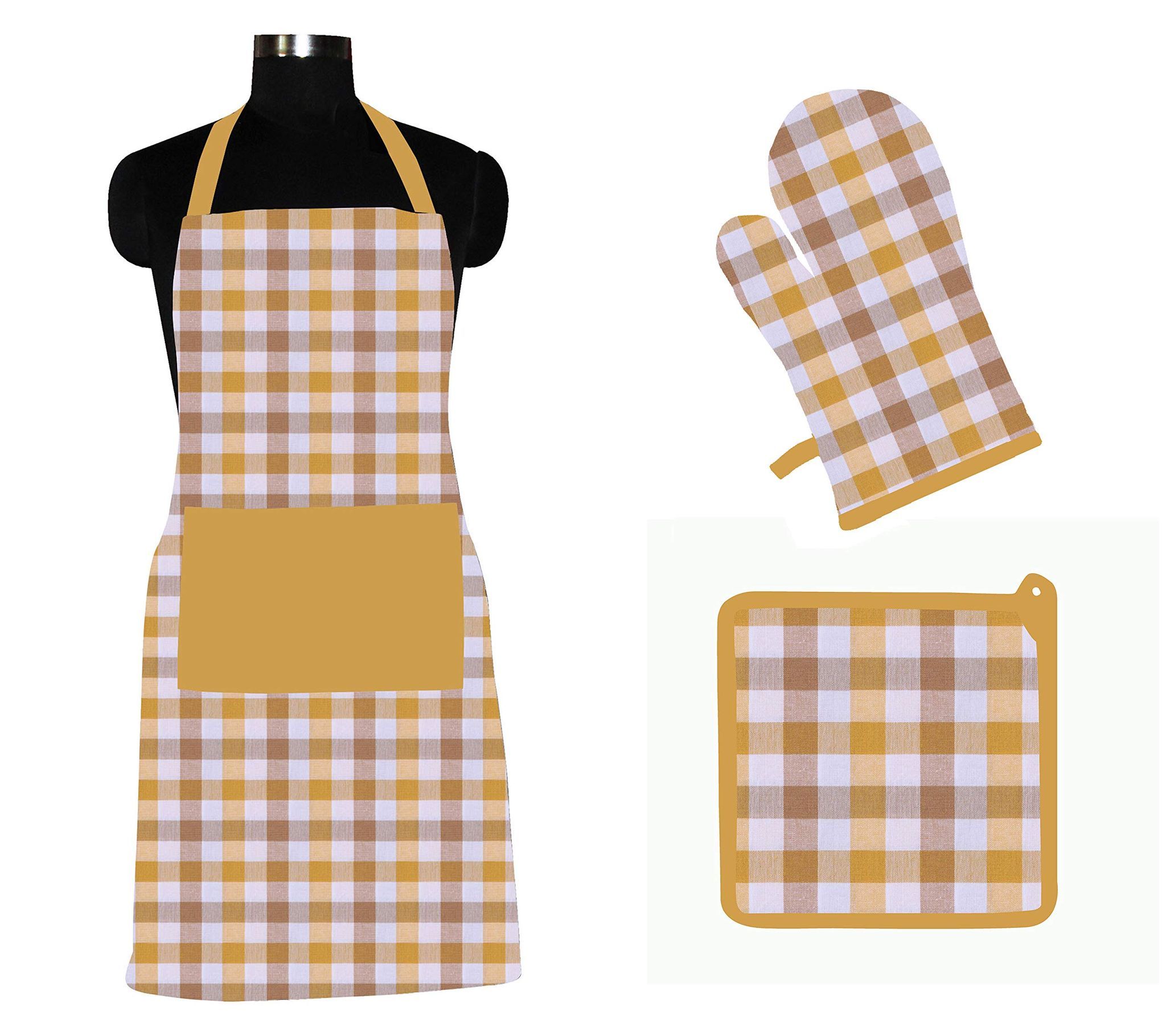 AIRWILL ? Cotton Designer Pattern with High-Quality Heat Resistant Kitchen Linen Set (1 Apron, 1 Oven Mitt, 1 Pot Holder) (Yellow, White)