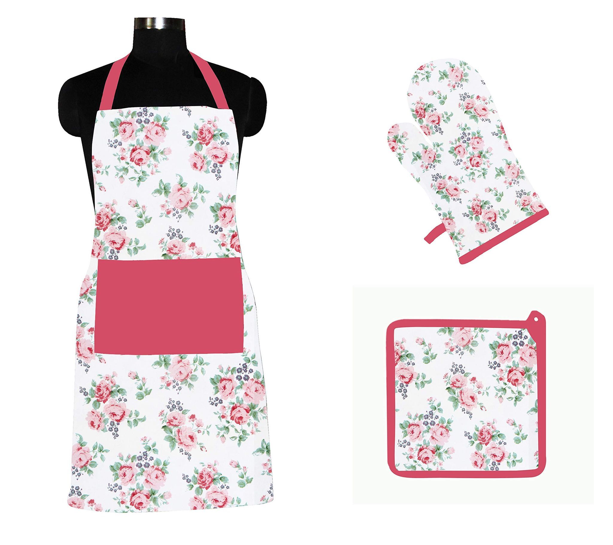 AIRWILL ? Cotton Designer Pattern with High-Quality Heat Resistant Kitchen Linen Set (1 Apron, 1 Oven Mitt, 1 Pot Holder) (Pink)