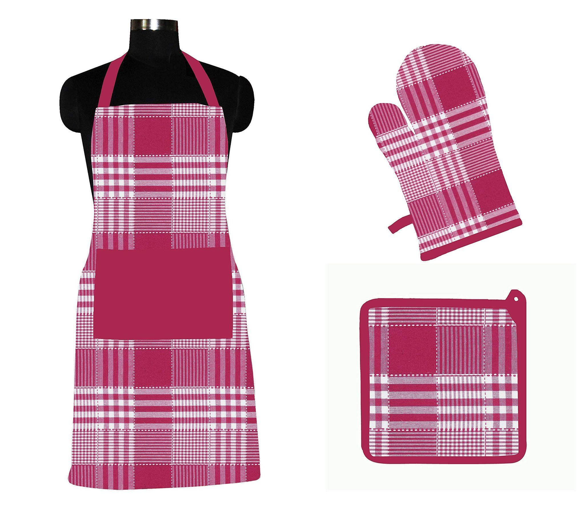 AIRWILL ? Cotton Designer Pattern with High-Quality Heat Resistant Kitchen Linen Set (1 Apron, 1 Oven Mitt, 1 Pot Holder) (Pink)