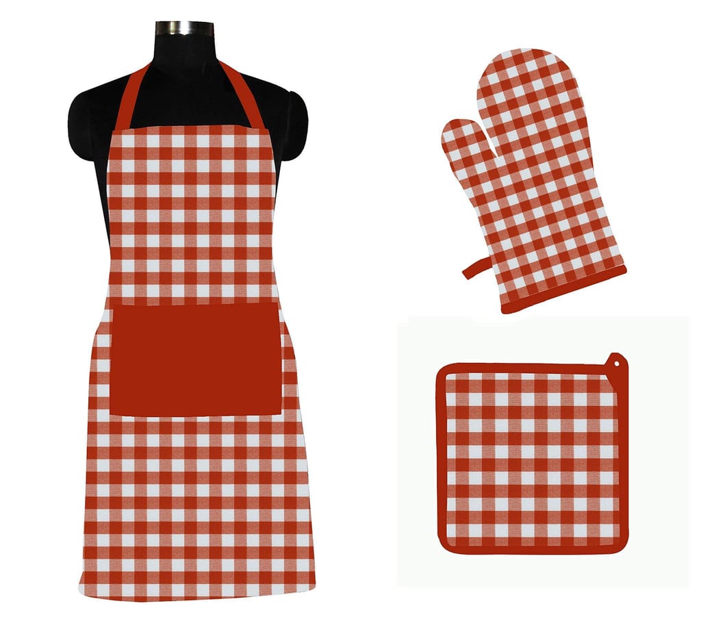 AIRWILL ? Cotton Designer Pattern with High-Quality Heat Resistant Kitchen Linen Set (1 Apron, 1 Oven Mitt, 1 Pot Holder) (Red, White) - Cookware | Buy online on ZillyBuy