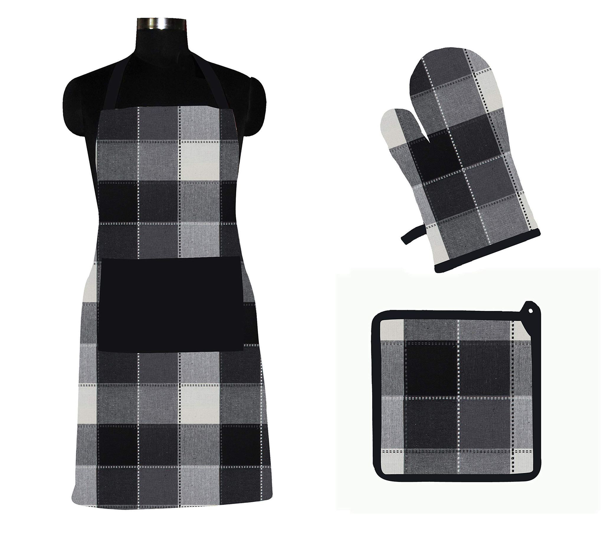 AIRWILL ? Cotton Designer Pattern with High-Quality Heat Resistant Kitchen Linen Set (1 Apron, 1 Oven Mitt, 1 Pot Holder) (Black, White)