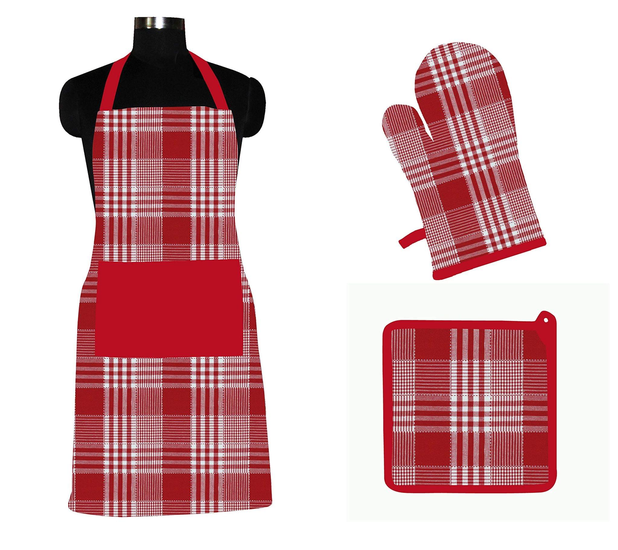 AIRWILL ? Cotton Designer Pattern with High-Quality Heat Resistant Kitchen Linen Set (1 Apron, 1 Oven Mitt, 1 Pot Holder) (Red)