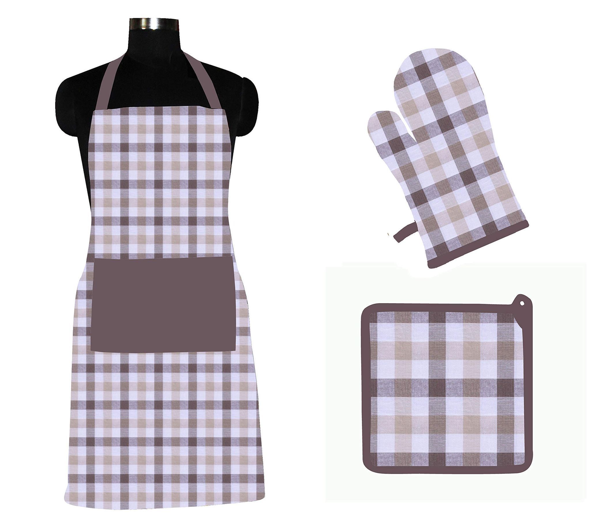 AIRWILL ? Cotton Designer Pattern with High-Quality Heat Resistant Kitchen Linen Set (1 Apron, 1 Oven Mitt, 1 Pot Holder) (Brown, White)