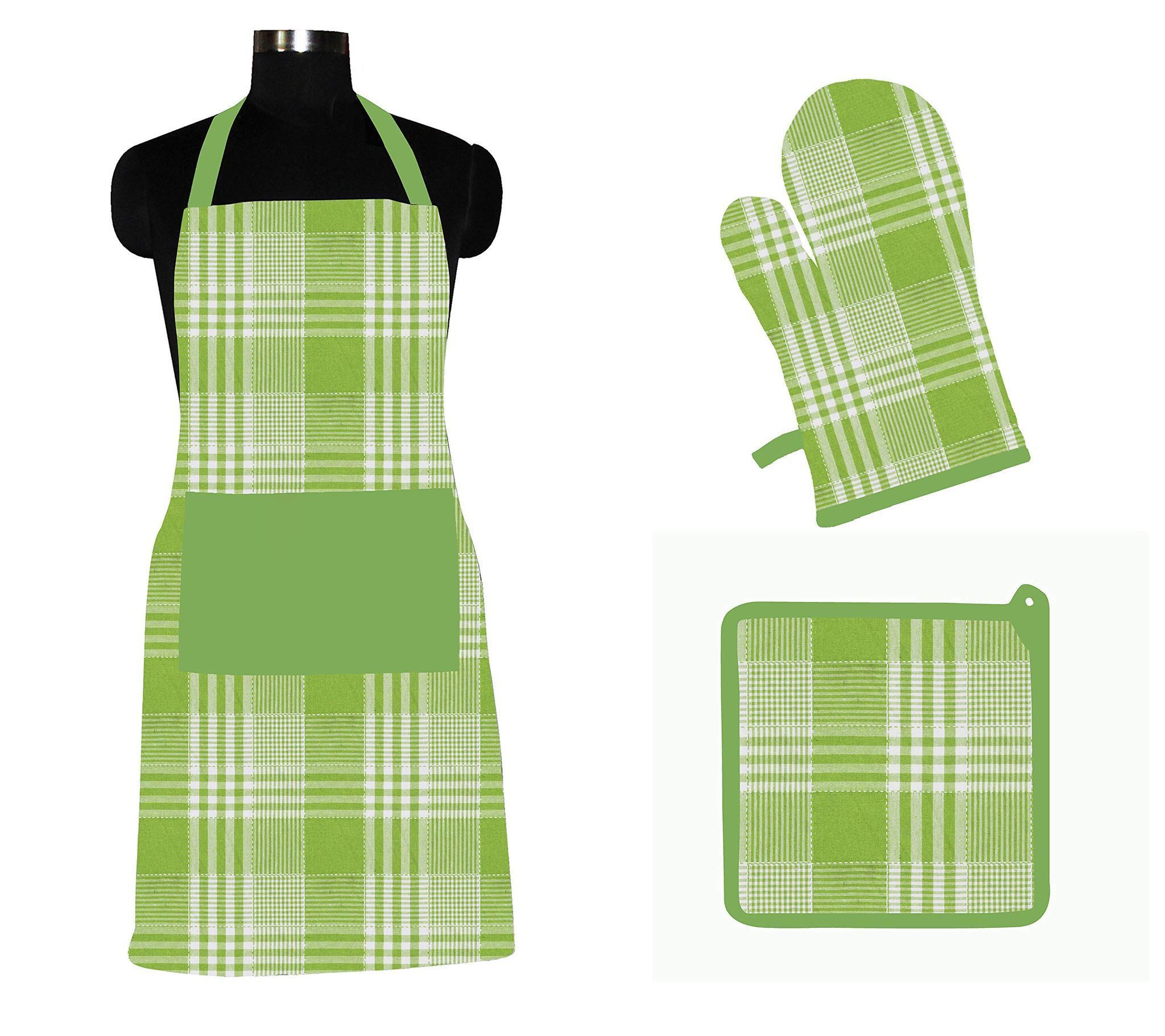 AIRWILL ? Cotton Designer Pattern with High-Quality Heat Resistant Kitchen Linen Set (1 Apron, 1 Oven Mitt, 1 Pot Holder) (Green)