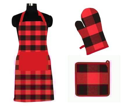 AIRWILL ? Cotton Designer Pattern with High-Quality Heat Resistant Kitchen Linen Set (1 Apron, 1 Oven Mitt, 1 Pot Holder) (Red, Black)