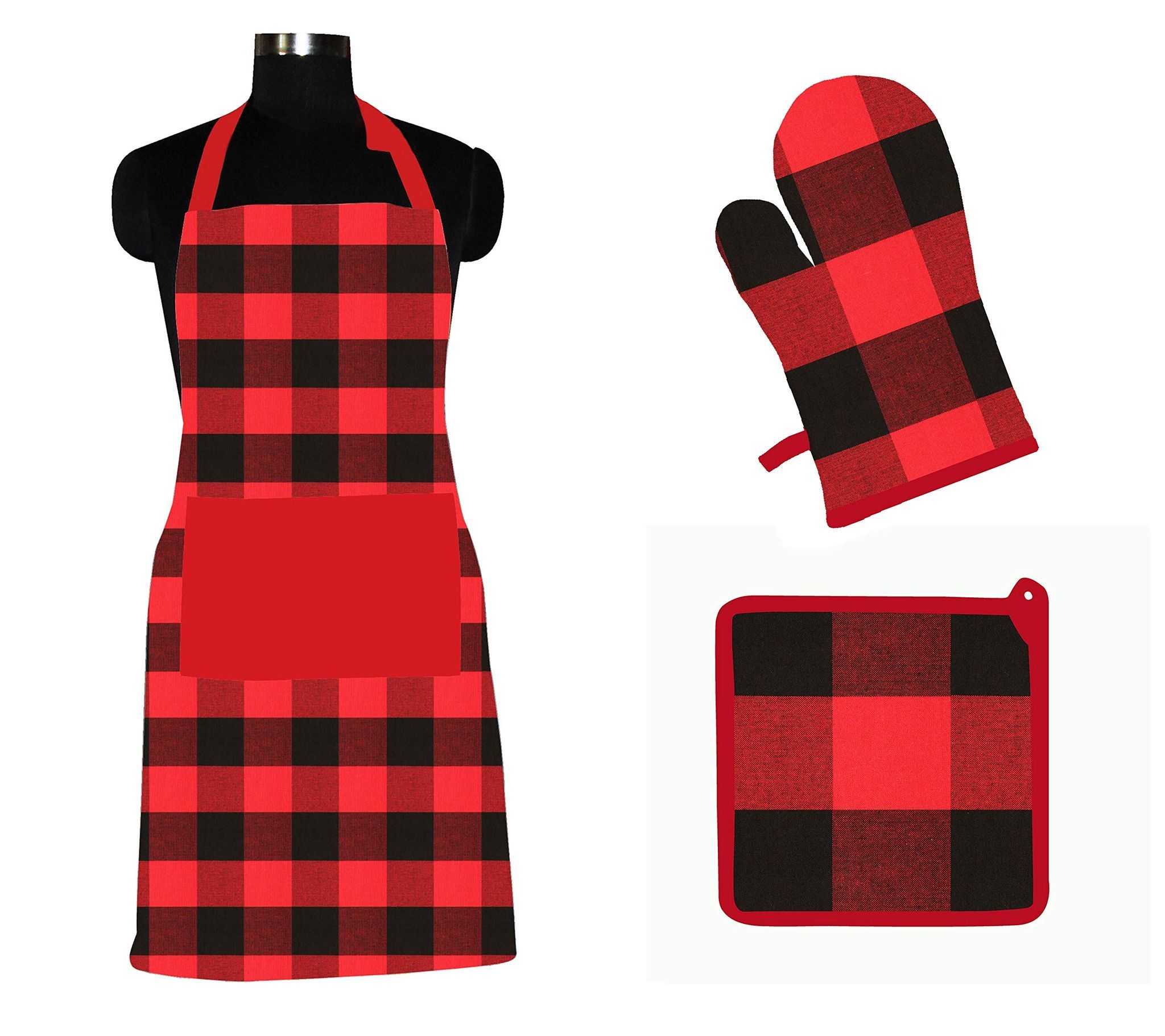 AIRWILL ? Cotton Designer Pattern with High-Quality Heat Resistant Kitchen Linen Set (1 Apron, 1 Oven Mitt, 1 Pot Holder) (Red, Black)
