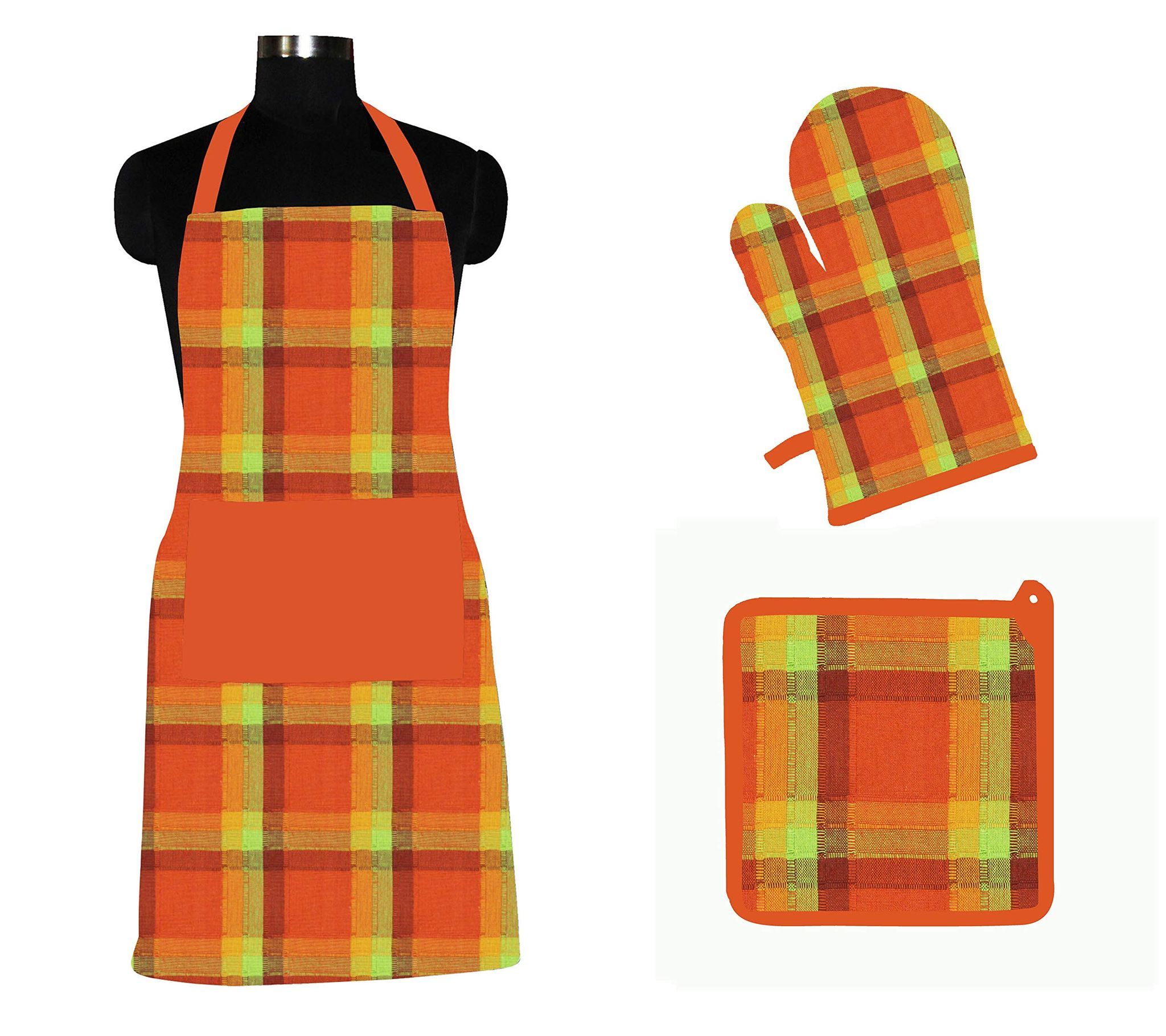 AIRWILL ? Cotton Designer Pattern with High-Quality Heat Resistant Kitchen Linen Set (1 Apron, 1 Oven Mitt, 1 Pot Holder) (Orange)