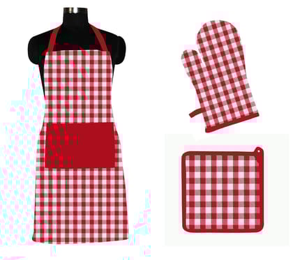 AIRWILL ? Cotton Designer Pattern with High-Quality Heat Resistant Kitchen Linen Set (1 Apron, 1 Oven Mitt, 1 Pot Holder) (Red, White)