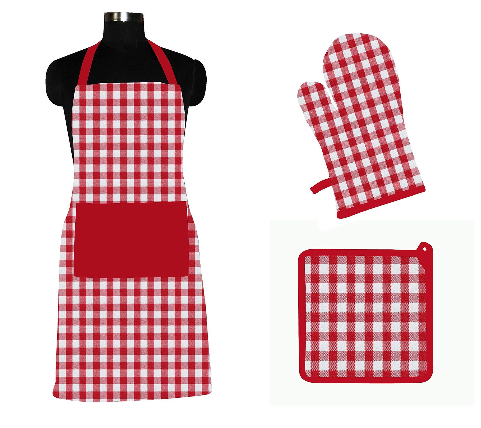 AIRWILL ? Cotton Designer Pattern with High-Quality Heat Resistant Kitchen Linen Set (1 Apron, 1 Oven Mitt, 1 Pot Holder) (Red, White)