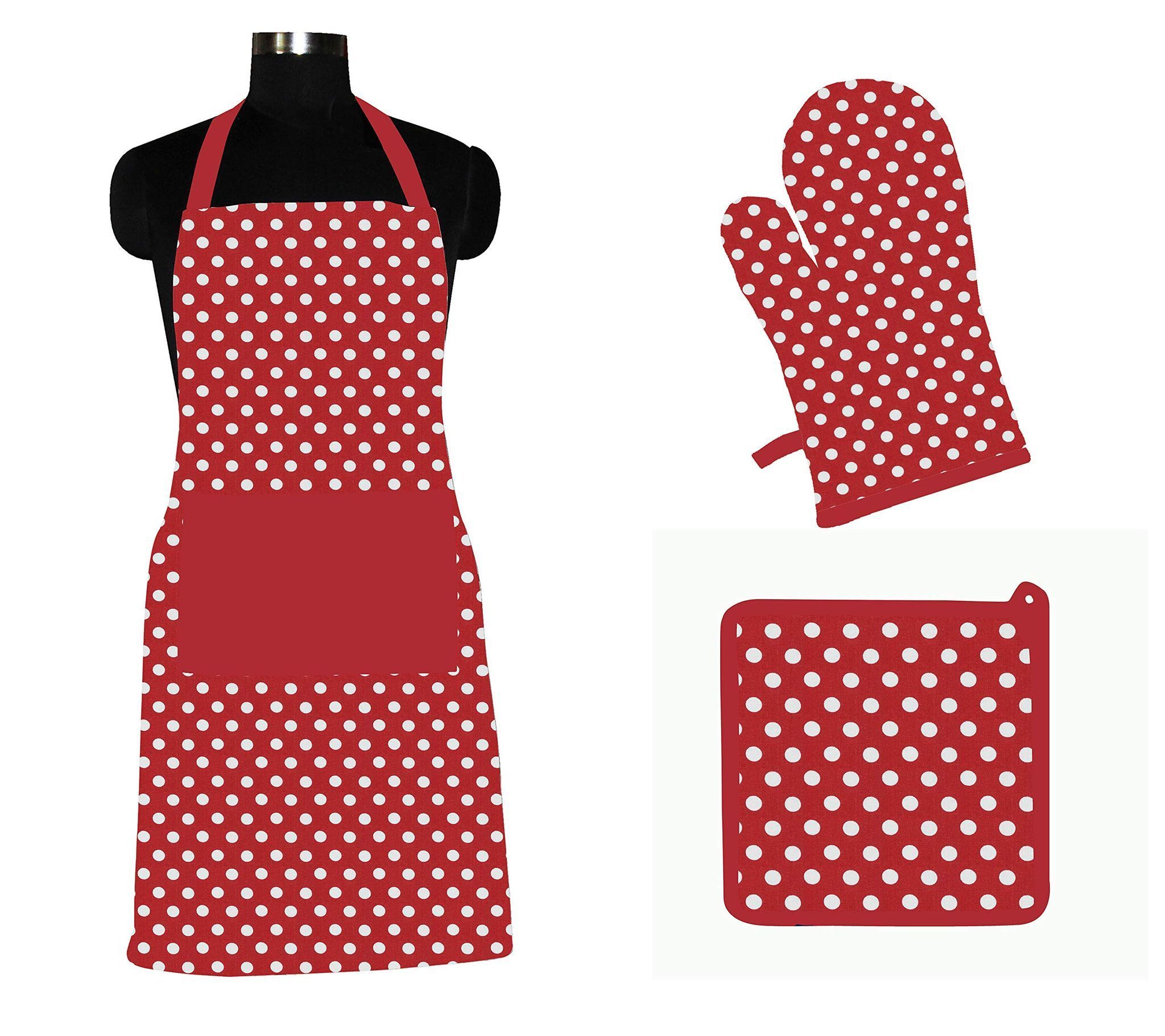 AIRWILL ? Cotton Designer Pattern with High-Quality Heat Resistant Kitchen Linen Set (1 Apron, 1 Oven Mitt, 1 Pot Holder) (Red, White)