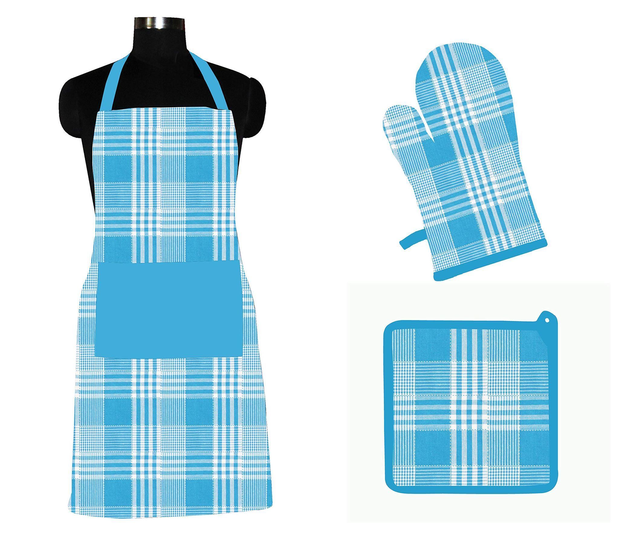 AIRWILL ? Cotton Designer Pattern with High-Quality Heat Resistant Kitchen Linen Set (1 Apron, 1 Oven Mitt, 1 Pot Holder) (Blue)
