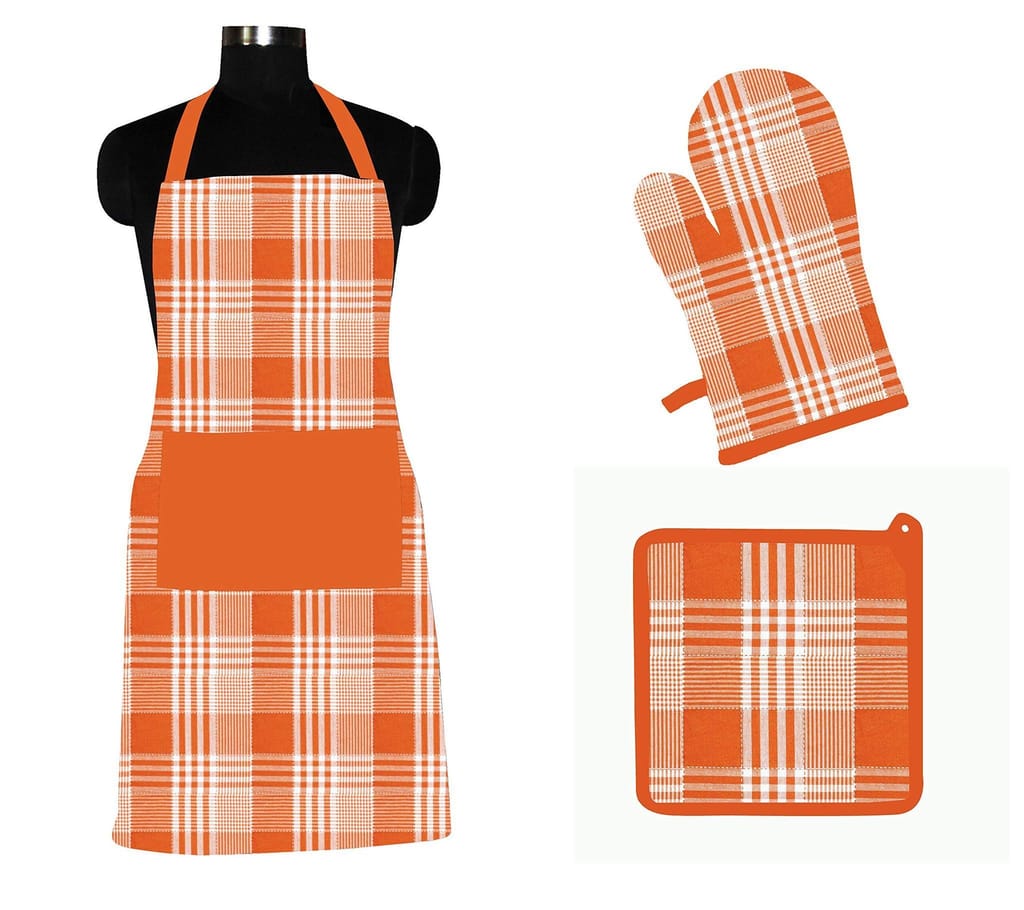 AIRWILL ? Cotton Designer Pattern with High-Quality Heat Resistant Kitchen Linen Set (1 Apron, 1 Oven Mitt, 1 Pot Holder) (Orange) - Cookware | Buy online on ZillyBuy
