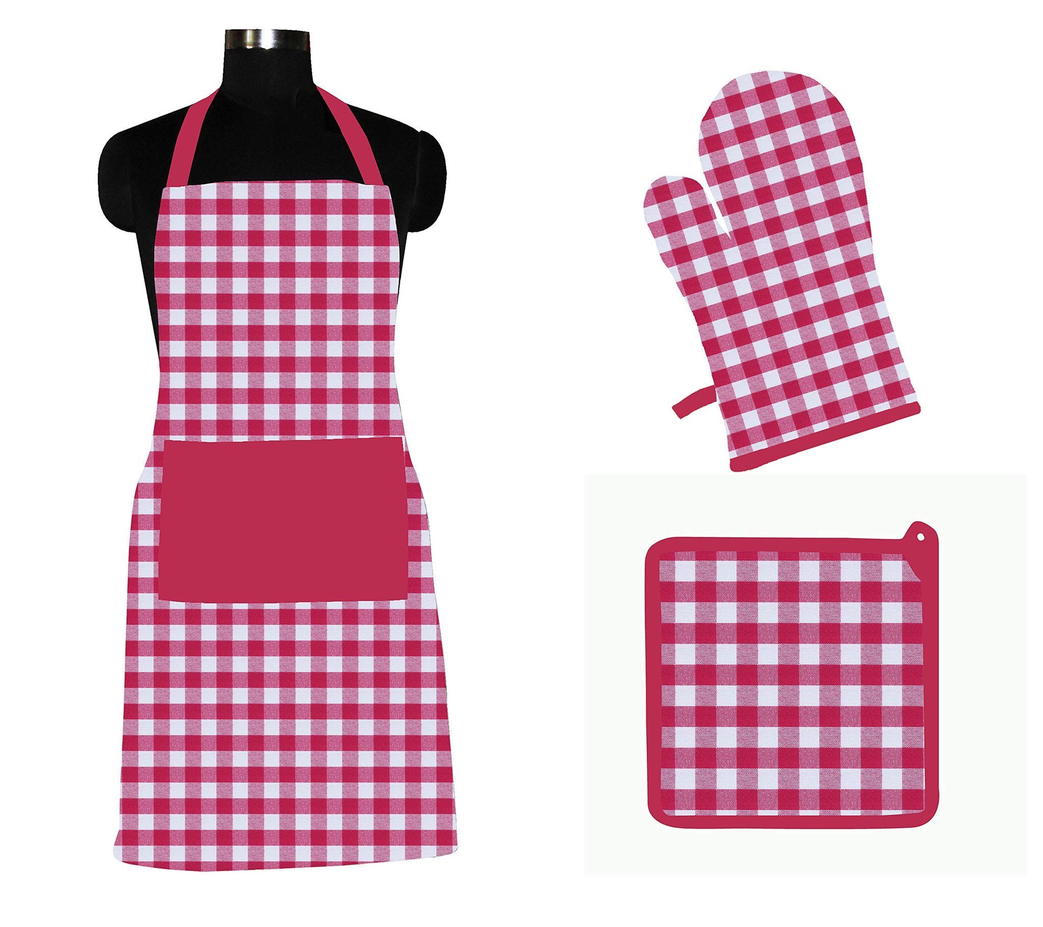 AIRWILL ? Cotton Designer Pattern with High-Quality Heat Resistant Kitchen Linen Set (1 Apron, 1 Oven Mitt, 1 Pot Holder) (Pink, White)
