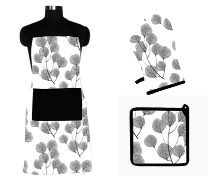 AIRWILL ? Cotton Designer Pattern with High-Quality Heat Resistant Kitchen Linen Set (1 Apron, 1 Oven Mitt, 1 Pot Holder) (Black, White)