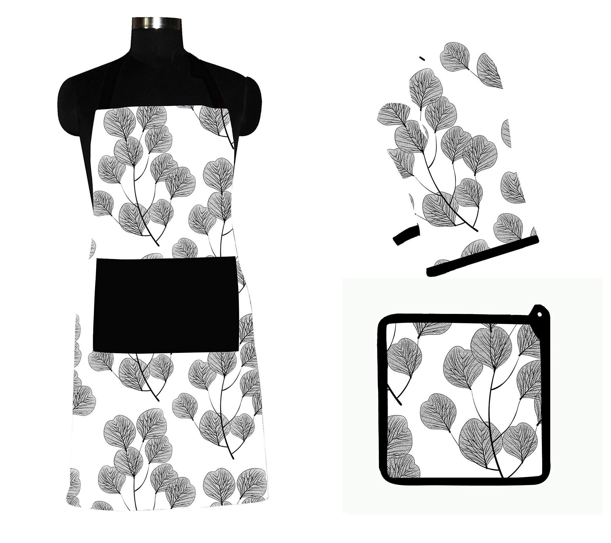 AIRWILL ? Cotton Designer Pattern with High-Quality Heat Resistant Kitchen Linen Set (1 Apron, 1 Oven Mitt, 1 Pot Holder) (Black, White)