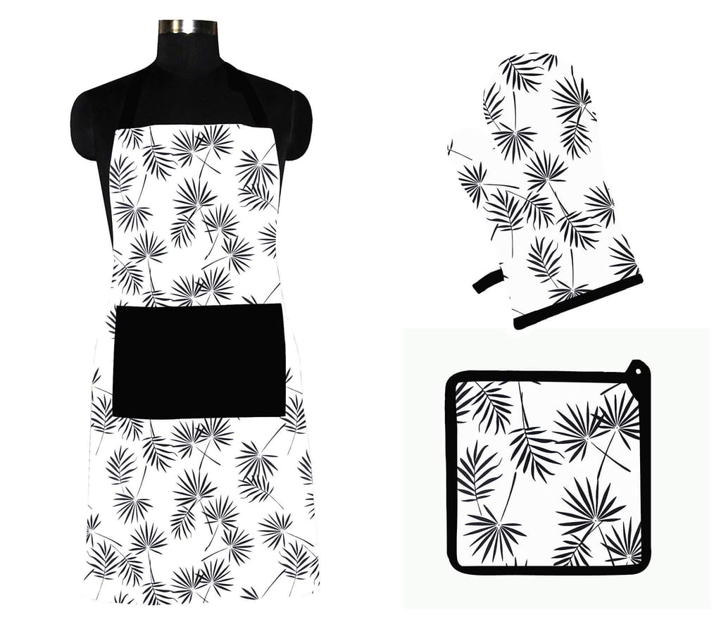 AIRWILL ? Cotton Designer Pattern with High-Quality Heat Resistant Kitchen Linen Set (1 Apron, 1 Oven Mitt, 1 Pot Holder) (Black, White) - Cookware | Buy online on ZillyBuy