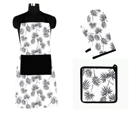 AIRWILL ? Cotton Designer Pattern with High-Quality Heat Resistant Kitchen Linen Set (1 Apron, 1 Oven Mitt, 1 Pot Holder) (Black, White)