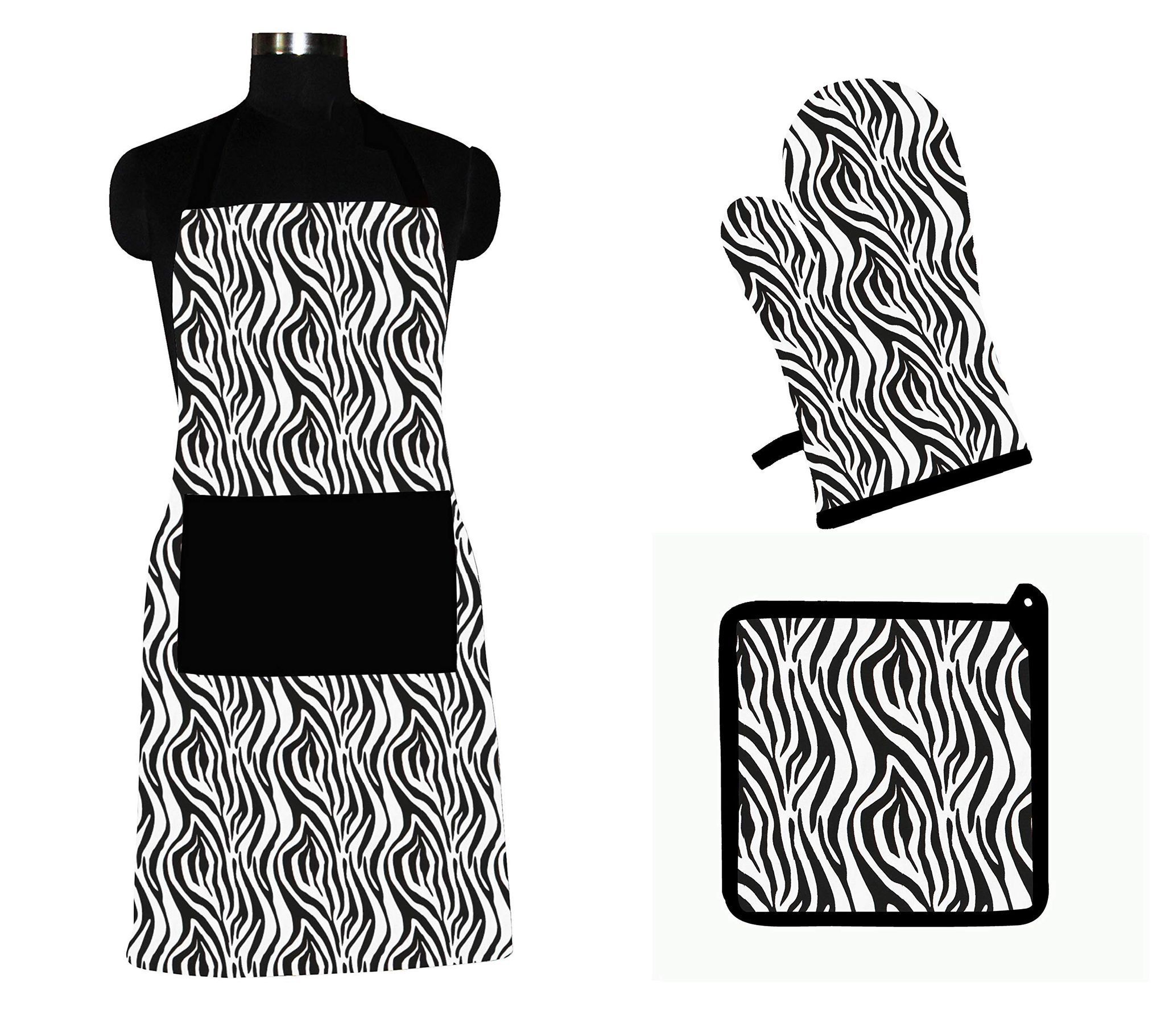 AIRWILL ? Cotton Designer Pattern with High-Quality Heat Resistant Kitchen Linen Set (1 Apron, 1 Oven Mitt, 1 Pot Holder) (Black, White)