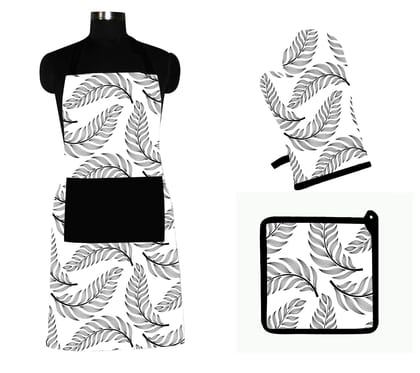 AIRWILL ? Cotton Designer Pattern with High-Quality Heat Resistant Kitchen Linen Set (1 Apron, 1 Oven Mitt, 1 Pot Holder) (Black, White)