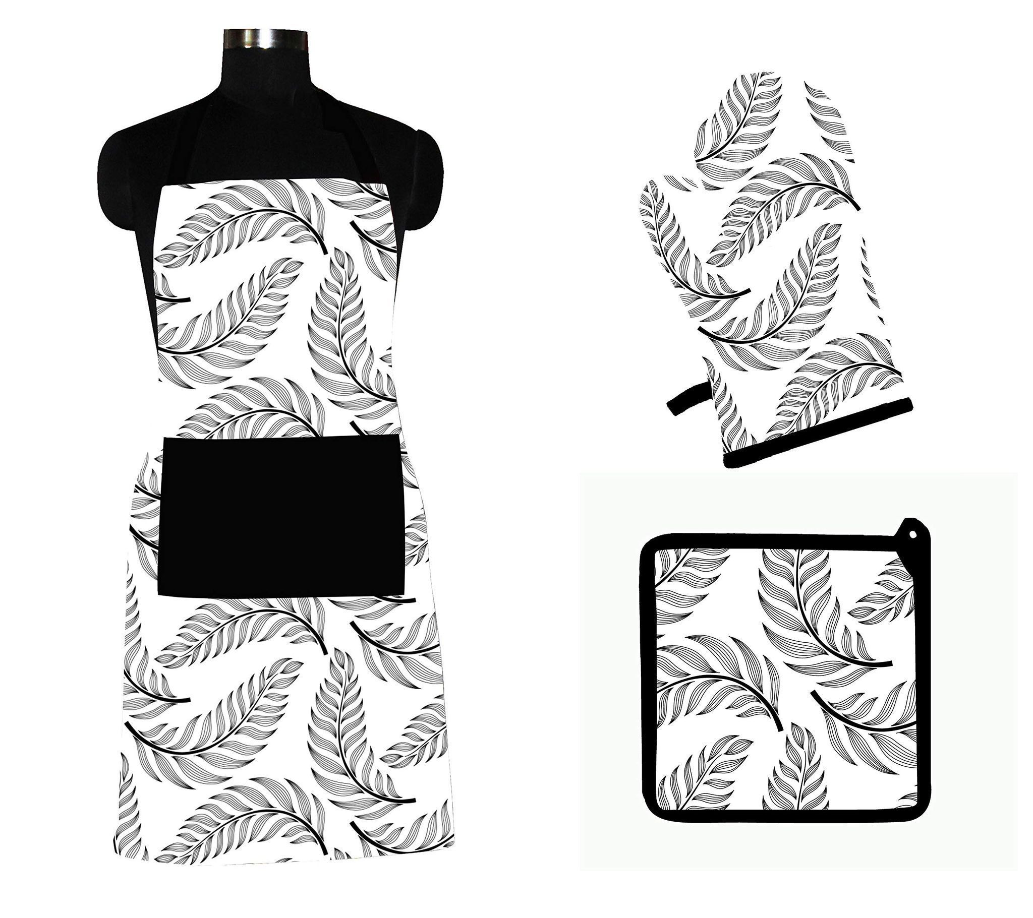AIRWILL ? Cotton Designer Pattern with High-Quality Heat Resistant Kitchen Linen Set (1 Apron, 1 Oven Mitt, 1 Pot Holder) (Black, White)