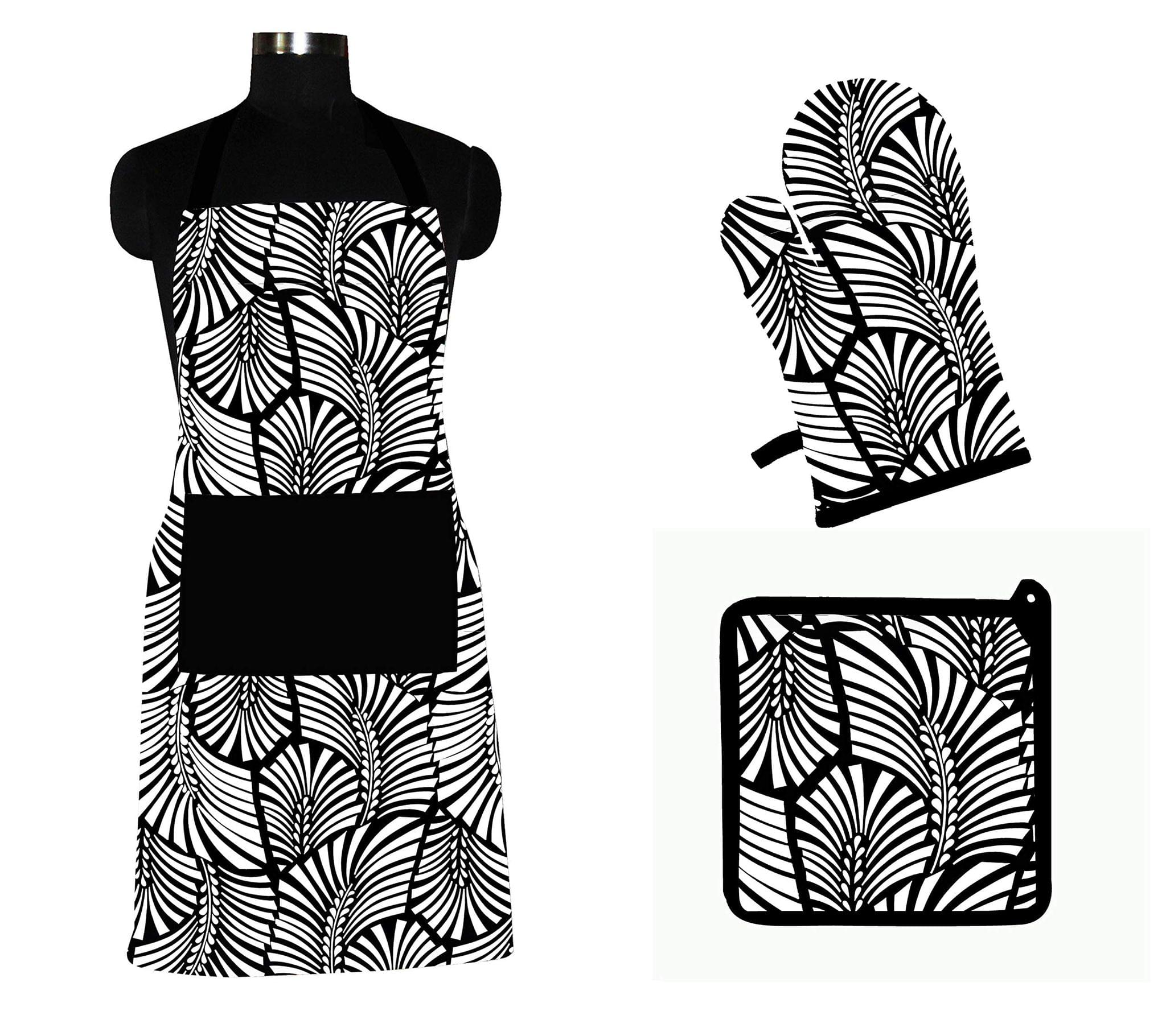 Airwill ? Cotton Designer Pattern Heat Resistant Kitchen Linen Set (1 Apron, 1 Oven Mitt, 1 Pot Holder) (Black, White)