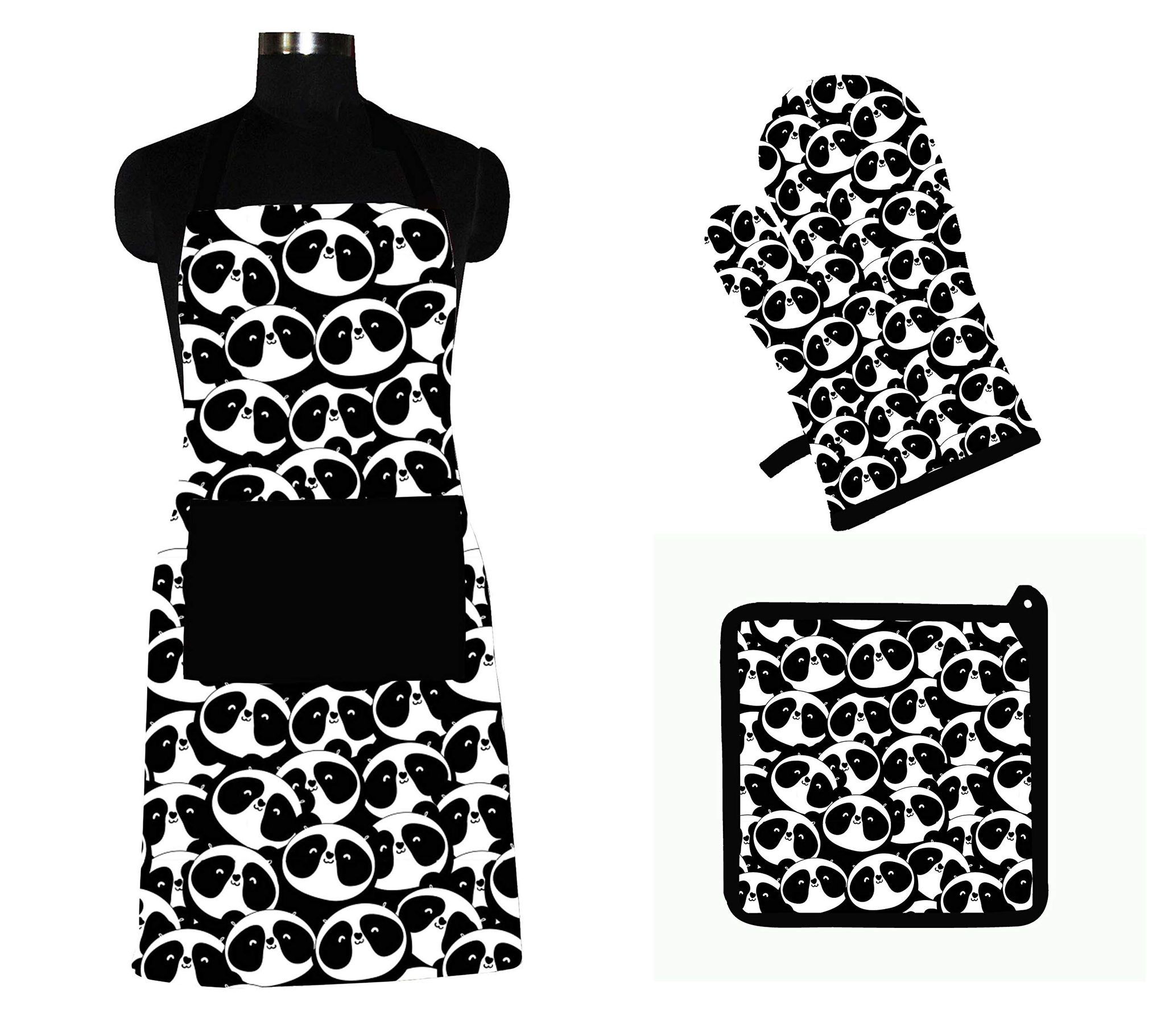 AIRWILL ? Cotton Designer Pattern with High-Quality Heat Resistant Kitchen Linen Set (1 Apron, 1 Oven Mitt, 1 Pot Holder) (Black, White)