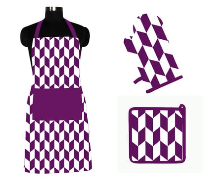 AIRWILL ? Cotton Designer Pattern with High-Quality Heat Resistant Kitchen Linen Set (1 Apron, 1 Oven Mitt, 1 Pot Holder) (Purple, White)