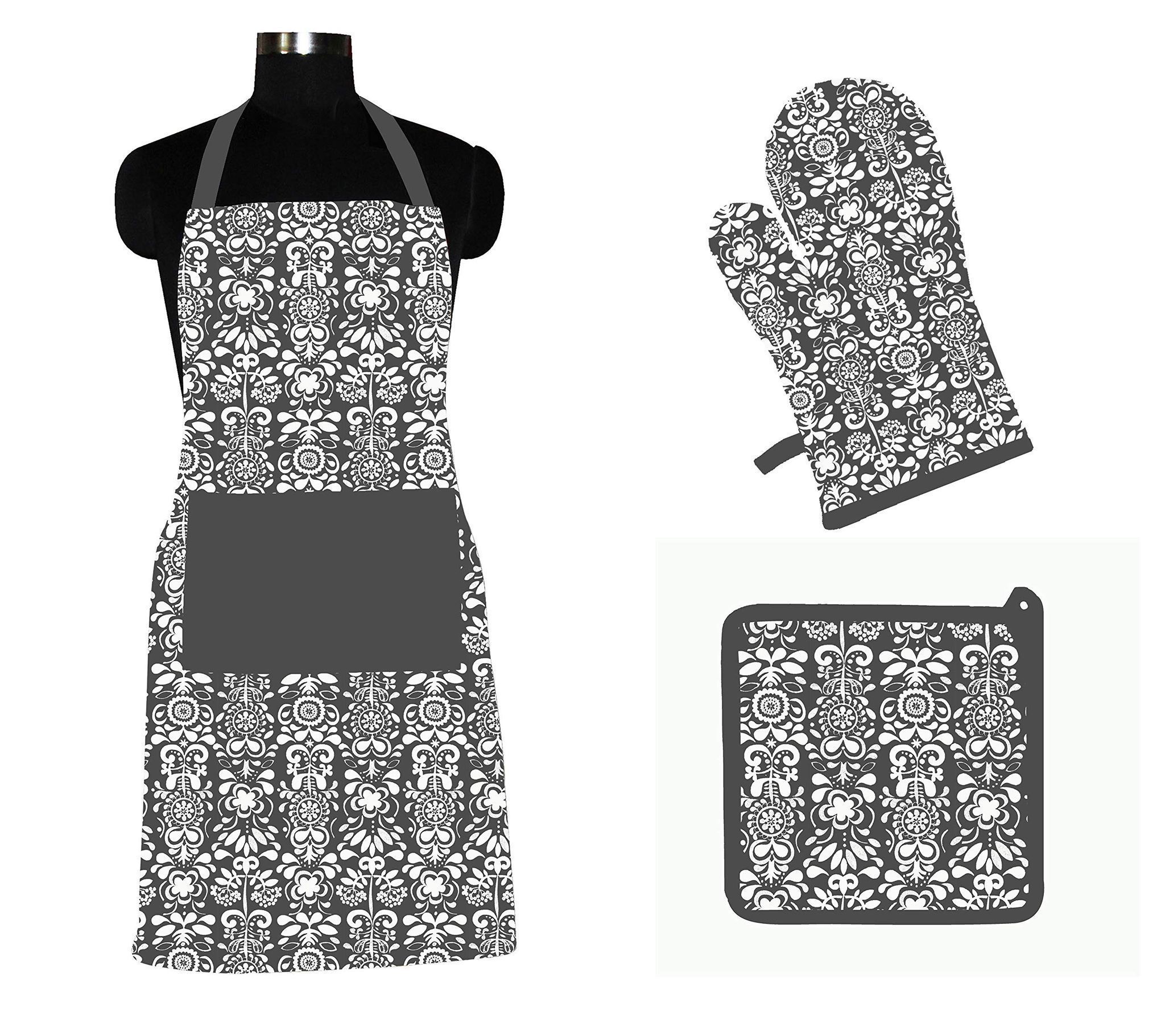 AIRWILL ? Cotton Designer Pattern with High-Quality Heat Resistant Kitchen Linen Set (1 Apron, 1 Oven Mitt, 1 Pot Holder) (Grey, White)