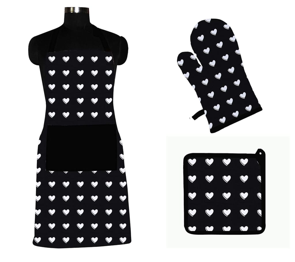 AIRWILL ? Cotton Designer Pattern Heat Resistant Kitchen Linen Set (1 Apron, 1 Oven Mitt, 1 Pot Holder) (Black, White) - Cookware | Buy online on ZillyBuy