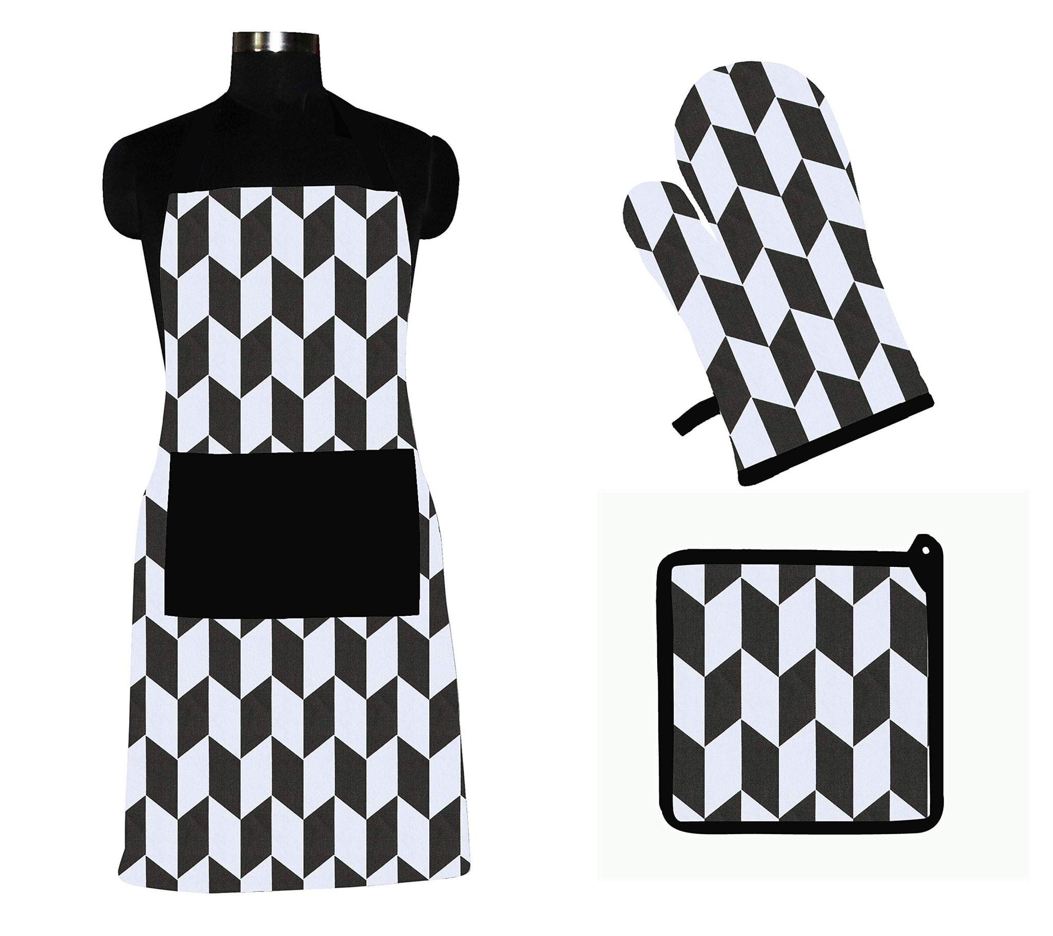 AIRWILL ? Cotton Designer Pattern with High-Quality Heat Resistant Kitchen Linen Set (1 Apron, 1 Oven Mitt, 1 Pot Holder) (Black, White)