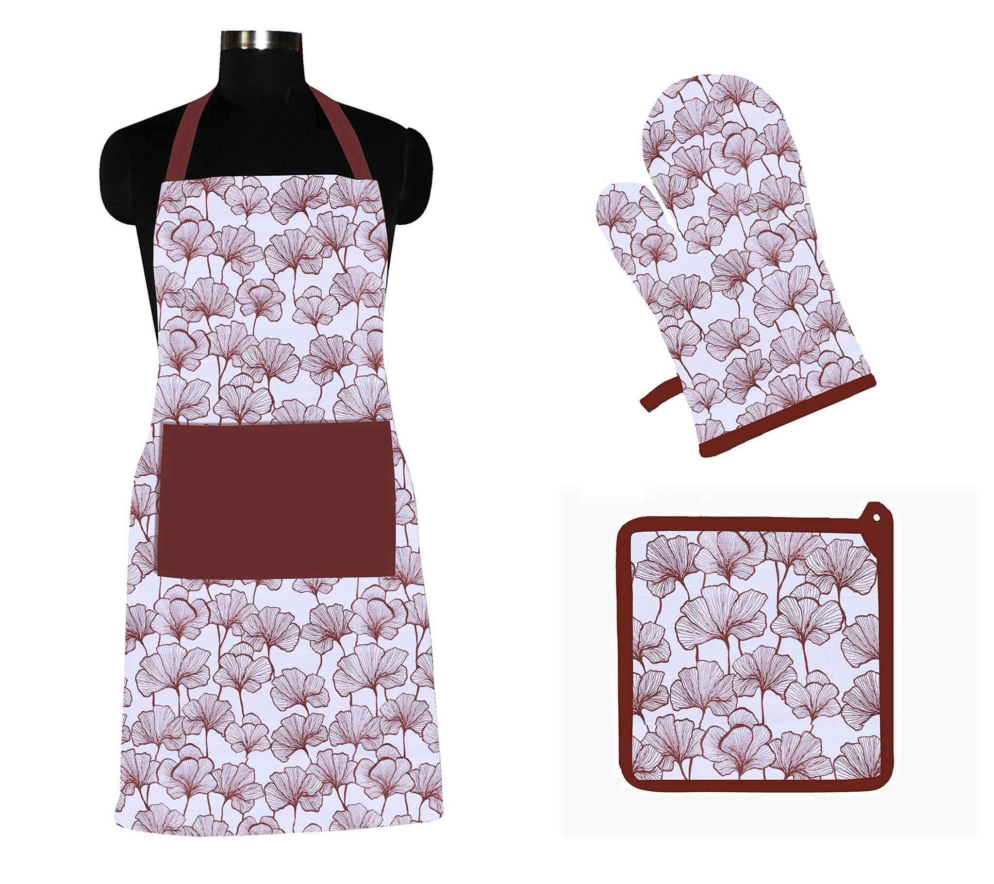 AIRWILL ? Cotton Designer Pattern with High-Quality Heat Resistant Kitchen Linen Set (1 Apron, 1 Oven Mitt, 1 Pot Holder) (White, Brown)