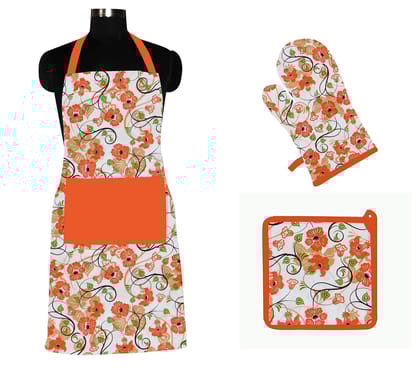 AIRWILL ? Cotton Designer Pattern with High-Quality Heat Resistant Kitchen Linen Set (1 Apron, 1 Oven Mitt, 1 Pot Holder) (Orange, White)
