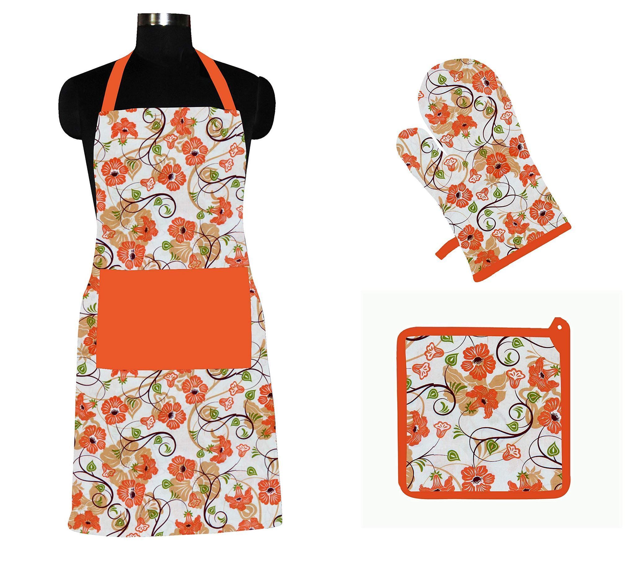 AIRWILL ? Cotton Designer Pattern with High-Quality Heat Resistant Kitchen Linen Set (1 Apron, 1 Oven Mitt, 1 Pot Holder) (Orange, White)
