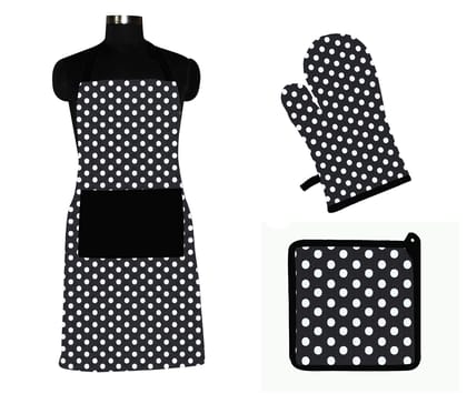 AIRWILL ? Cotton Designer Pattern with High-Quality Heat Resistant Kitchen Linen Set (1 Apron, 1 Oven Mitt, 1 Pot Holder) (Black, White)