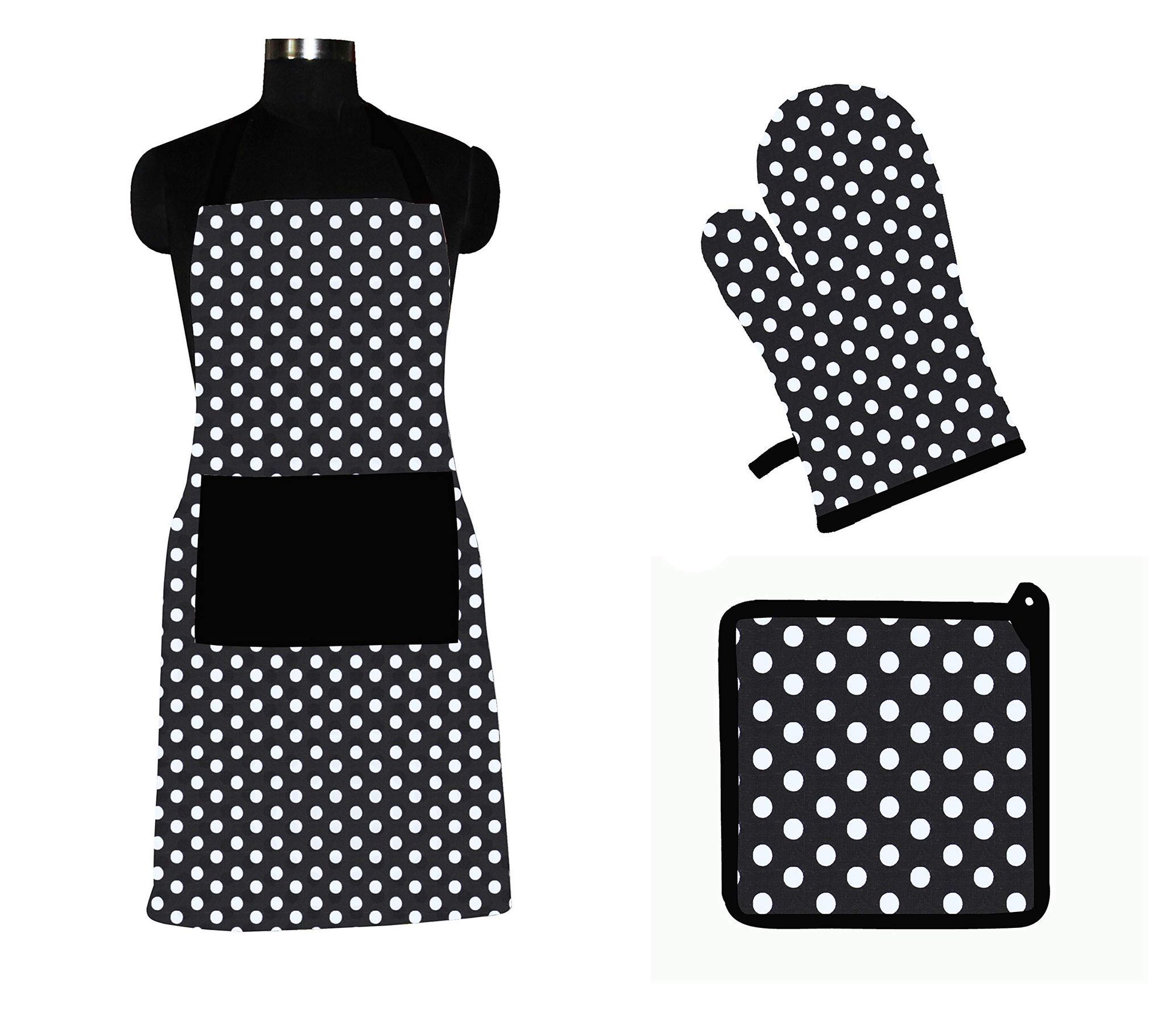 AIRWILL ? Cotton Designer Pattern with High-Quality Heat Resistant Kitchen Linen Set (1 Apron, 1 Oven Mitt, 1 Pot Holder) (Black, White)