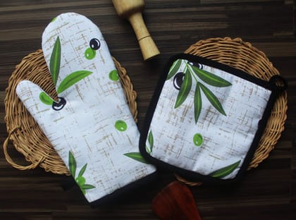 Airwill ? Cotton Designer Pattern Heat Resistant Kitchen Linens (1 Oven Mitt & 1 Pot Holder) (Green,Black)