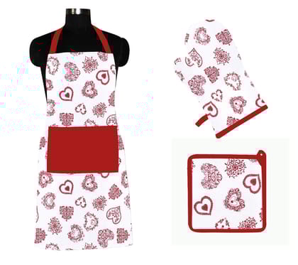 Airwill ? Cotton Designer Pattern Heat Resistant Kitchen Linen Set (1 Apron, 1 Oven Mitt, 1 Pot Holder) (Red, White)