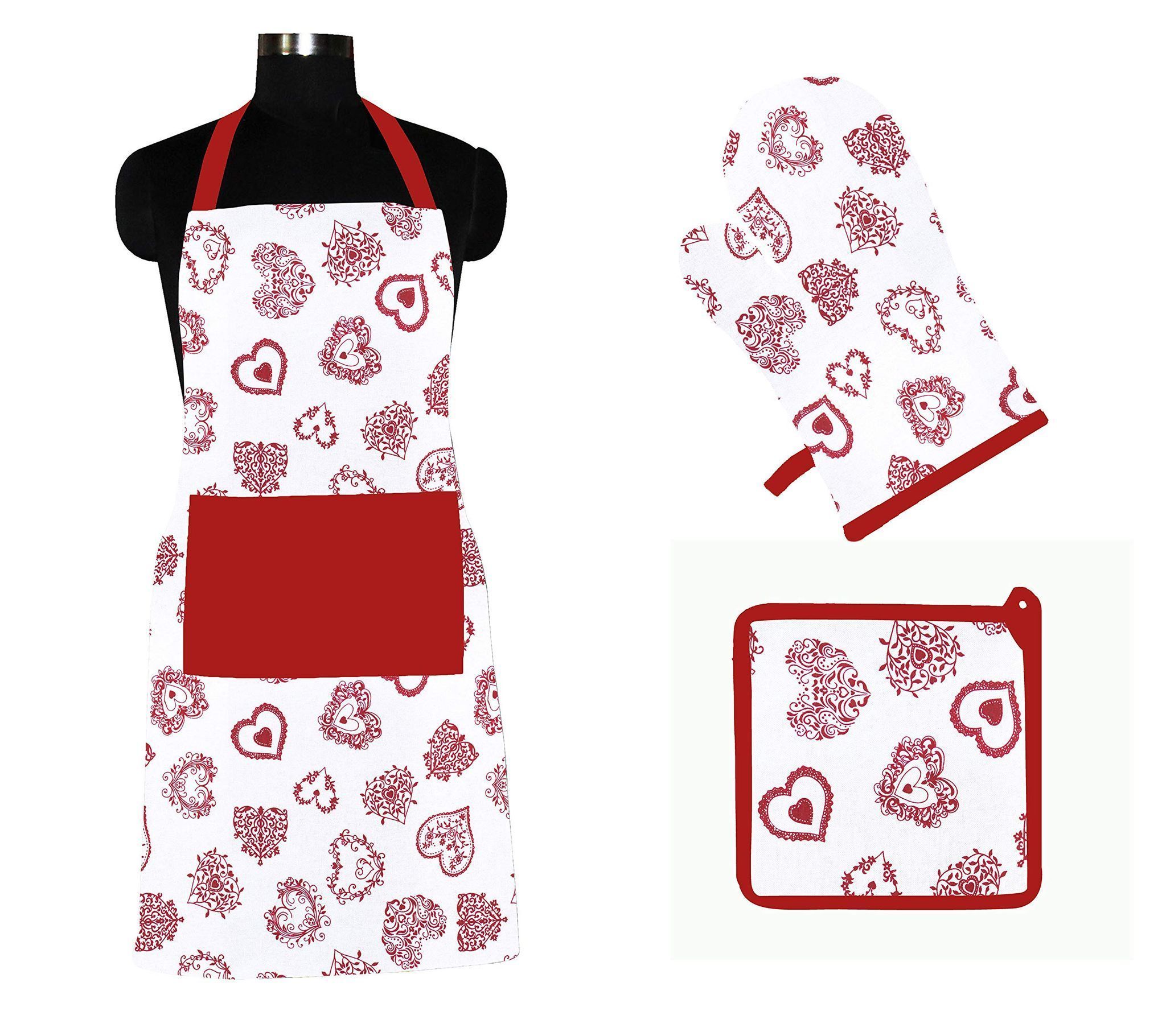 Airwill ? Cotton Designer Pattern Heat Resistant Kitchen Linen Set (1 Apron, 1 Oven Mitt, 1 Pot Holder) (Red, White)