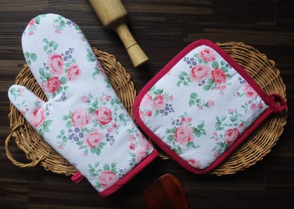 Airwill ? Cotton Designer Pattern Heat Resistant Kitchen Linens (1 Oven Mitt & 1 Pot Holder) (Pink,Green)