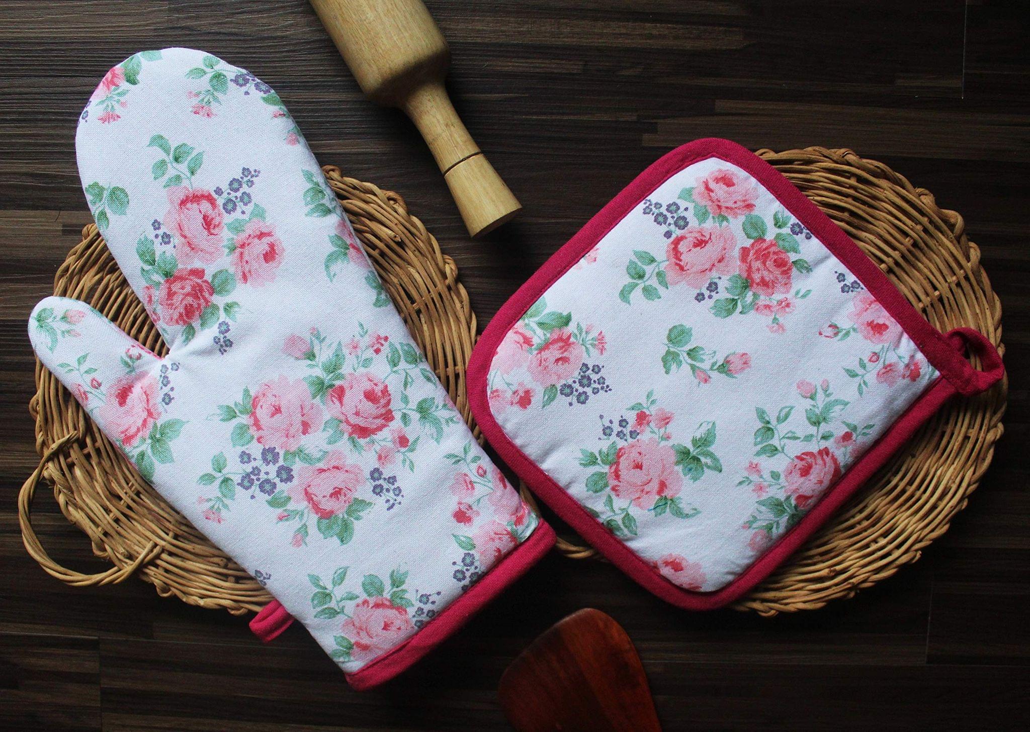 Airwill ? Cotton Designer Pattern Heat Resistant Kitchen Linens (1 Oven Mitt & 1 Pot Holder) (Pink,Green)