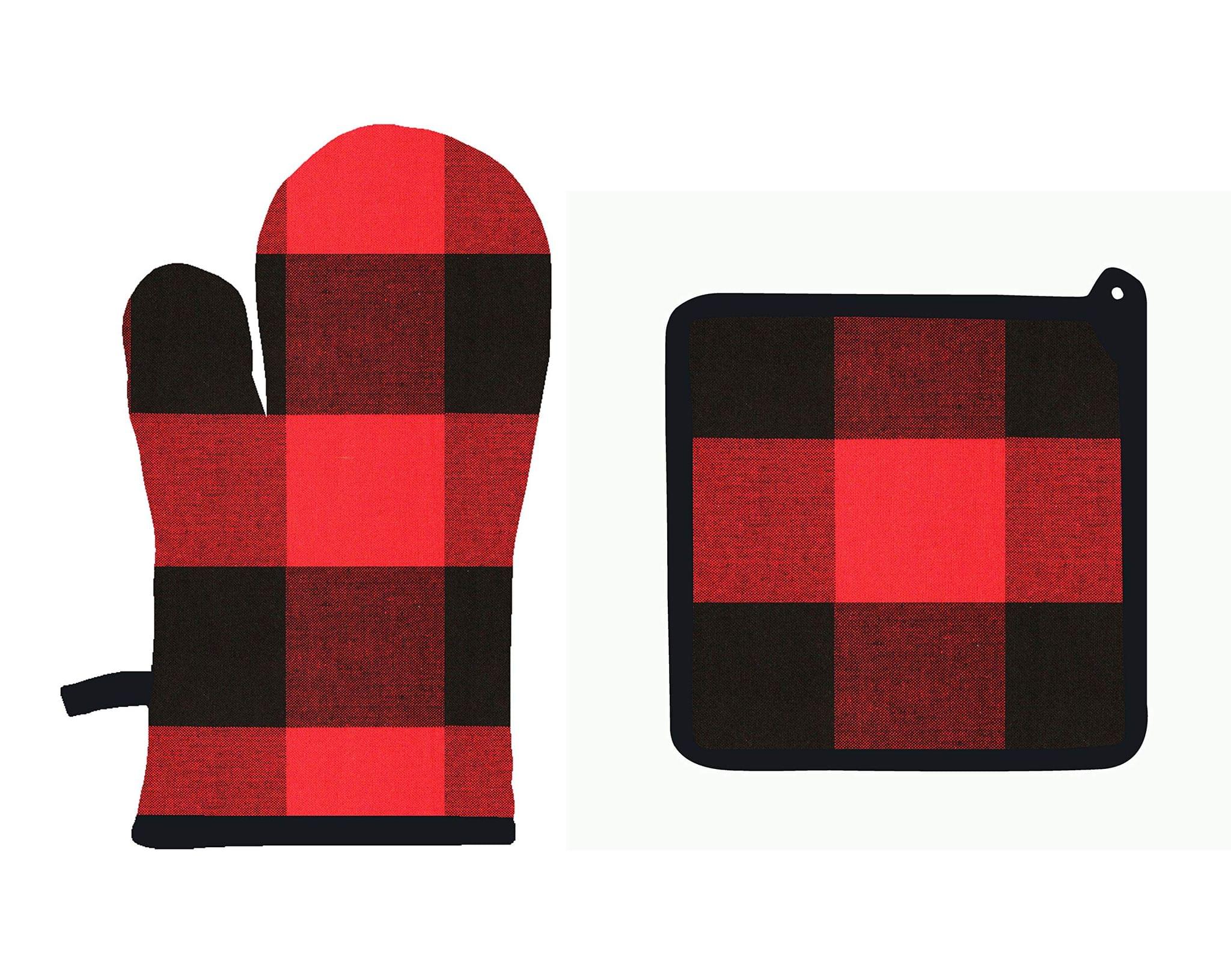 Airwill ? Cotton Designer Pattern Heat Resistant Kitchen Linens (1 Oven Mitt & 1 Pot Holder) (Red,Black)
