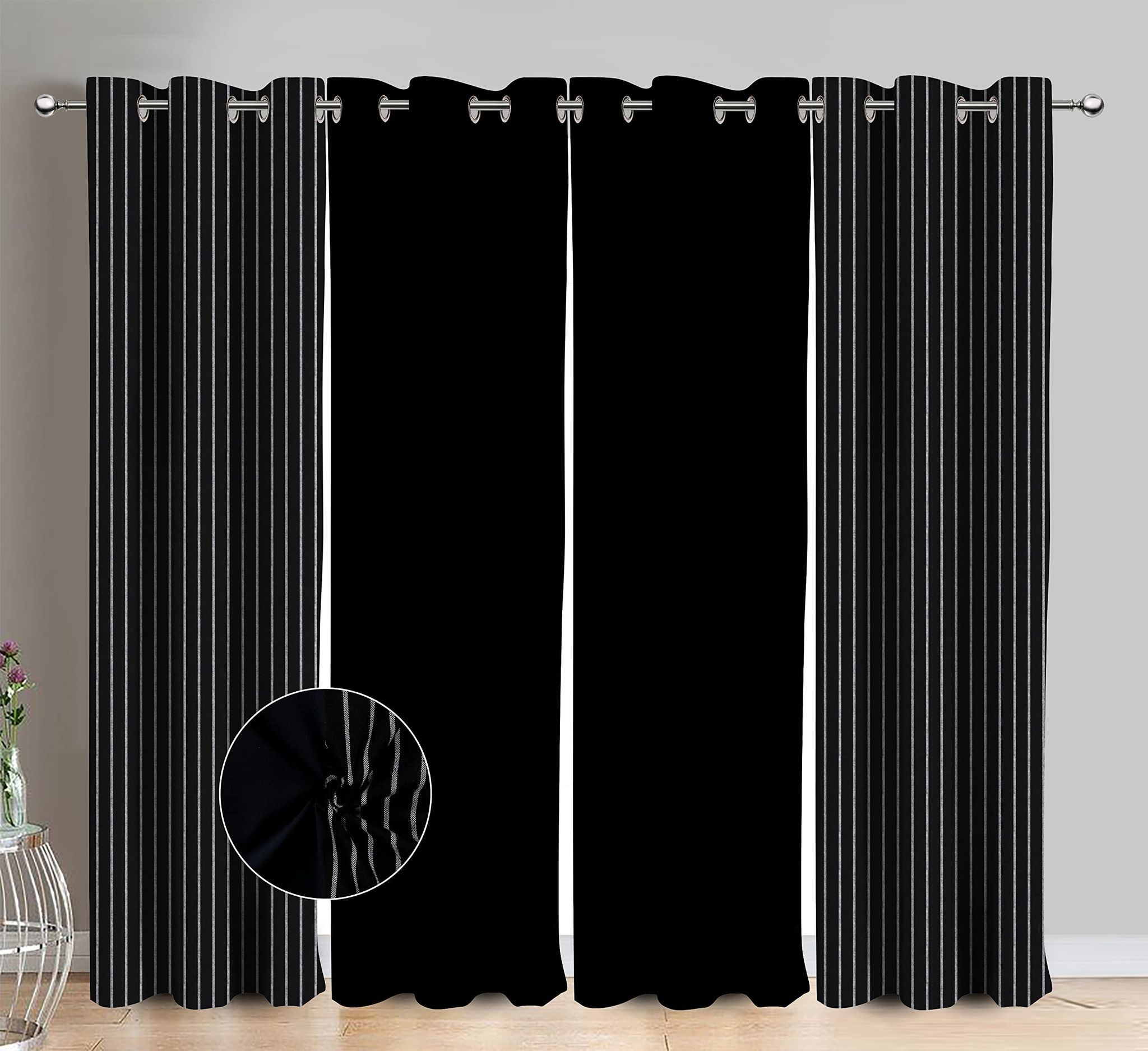 AIRWILL Cotton Pin Stripe Black Striped & Solid Pattern Long Door Curtains 275 / 9ft Length - (Black, Pack of 4 Pieces)