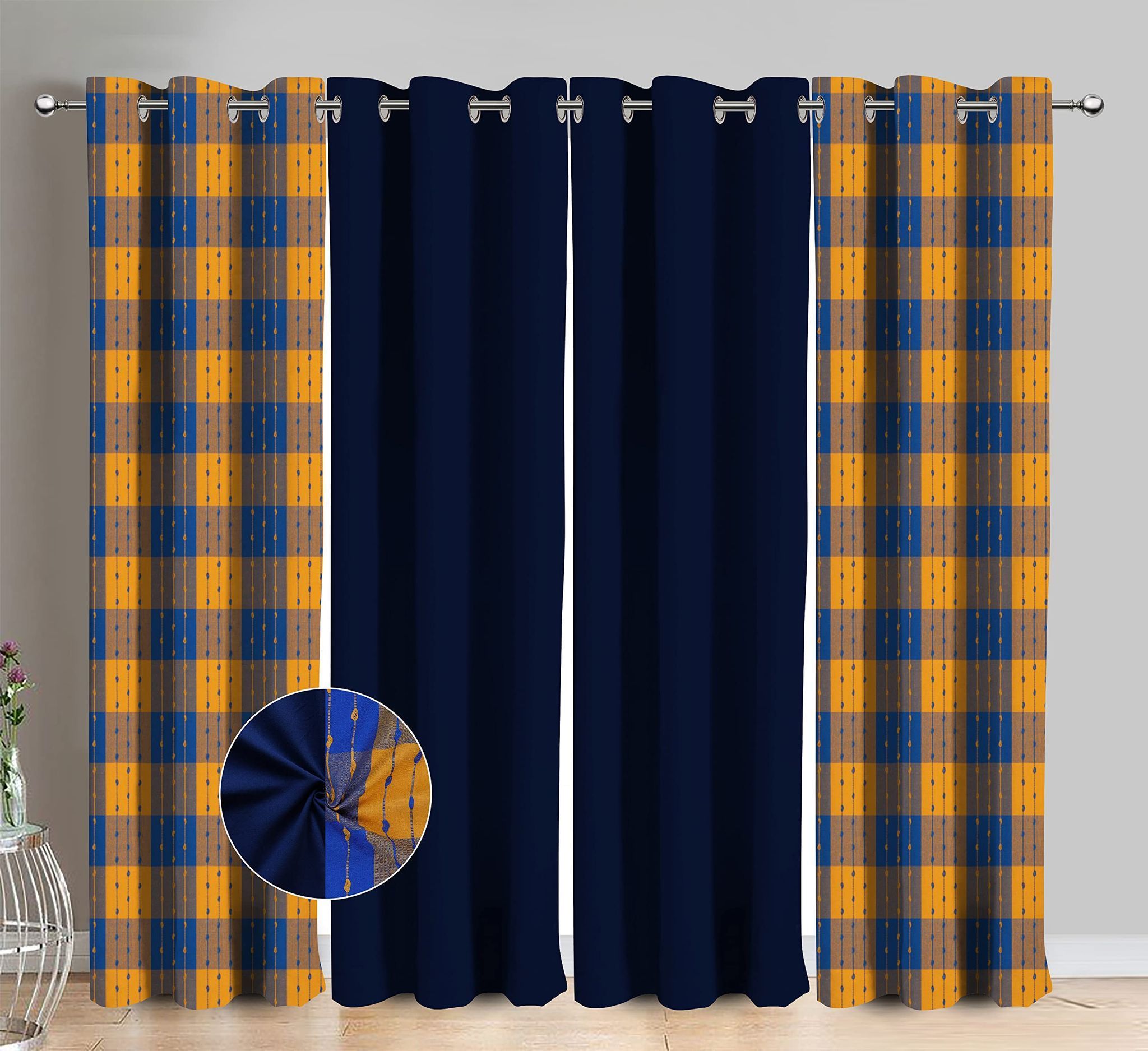 AIRWILL Cotton Beast Dobby Blue Checkered & Solid Pattern Long Door Curtains 275 / 9ft Length - (Blue, Pack of 4)