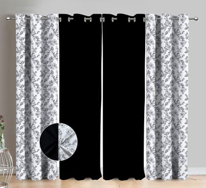 AIRWILL Cotton Pencil Flower Floral & Solid Pattern Long Door Curtains 275 / 9ft Length - (Black, Pack of 4)
