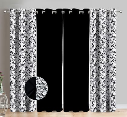 AIRWILL Cotton Small Leaf Floral & Solid Pattern Long Door Curtains 275 / 9ft Length - (Black, Pack of 4)