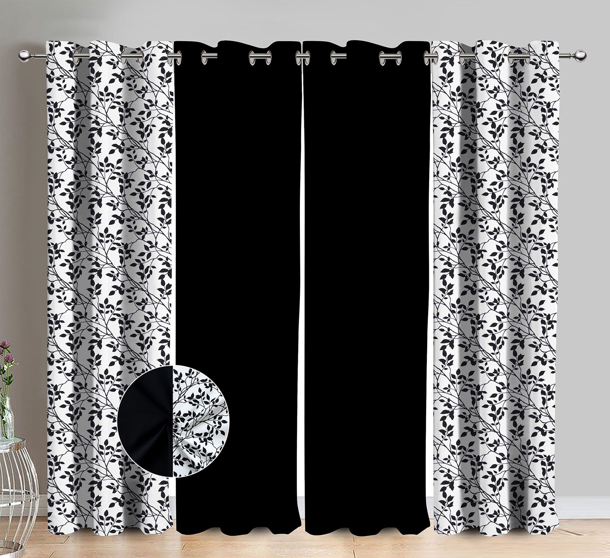 AIRWILL Cotton Small Leaf Floral & Solid Pattern Long Door Curtains 275 / 9ft Length - (Black, Pack of 4)