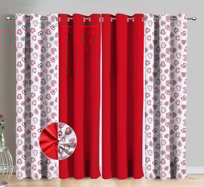 AIRWILL Cotton X Mass Heart Printed & Solid Pattern Long Door Curtains 275 / 9ft Length - (Red, Pack of 4)